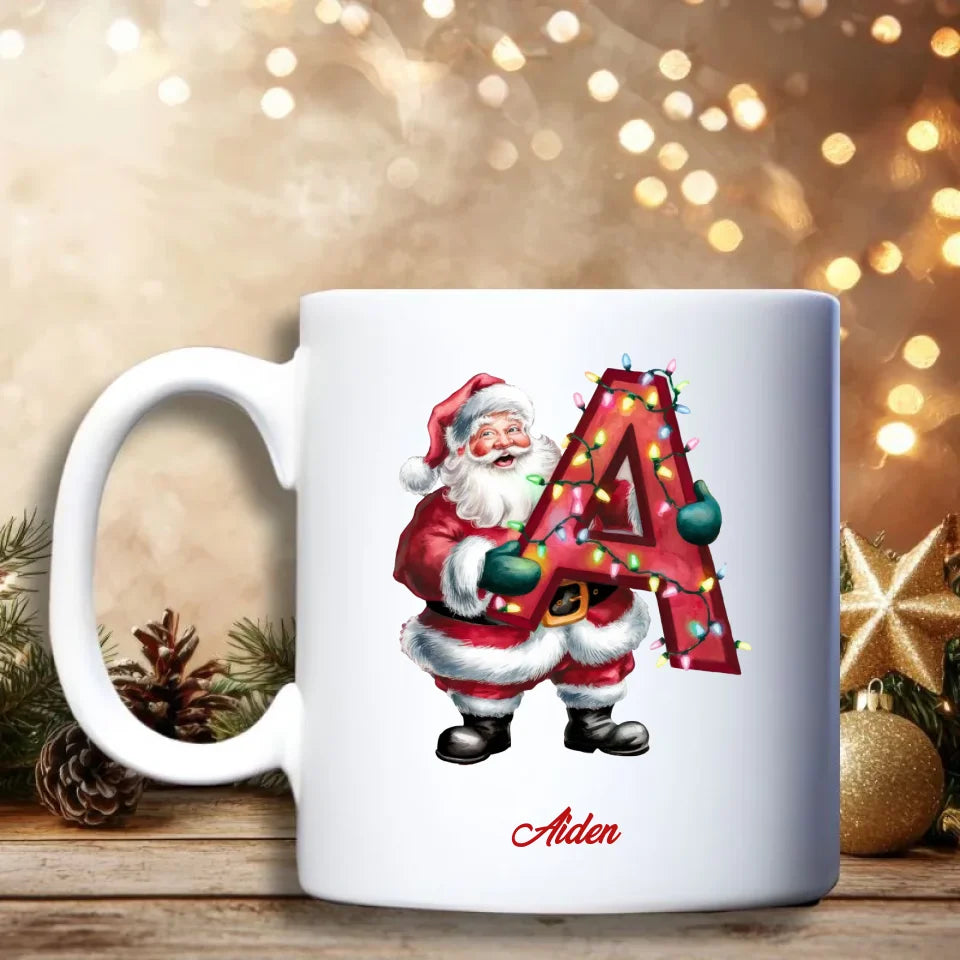 Letter Kerstman Mok – Gepersonaliseerde kerstmok met kerstman‑letter en naam - Beker voor onder de boom