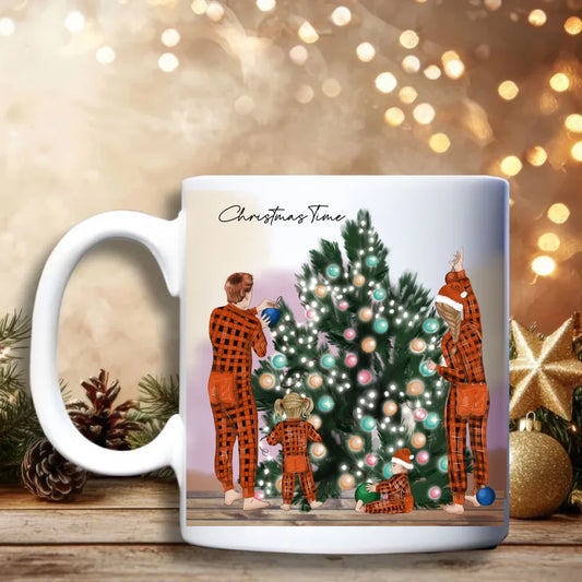 Kerst Beker – Gepersonaliseerde “Kerstboom versieren” mok met aanpasbare personages en kleding - Gezinscadeau