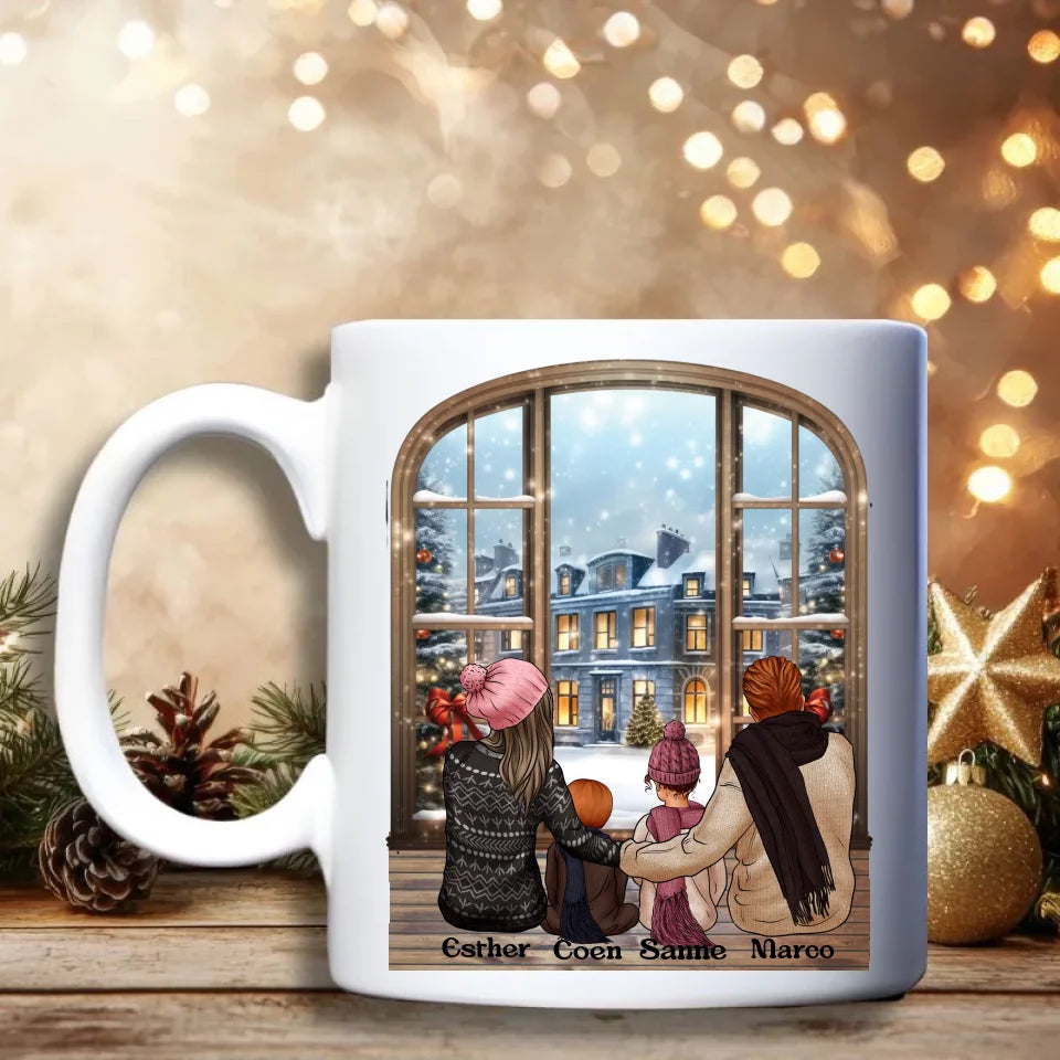 Familie Kerst Beker – Gepersonaliseerde kerstbeker “Familie voor het raam”