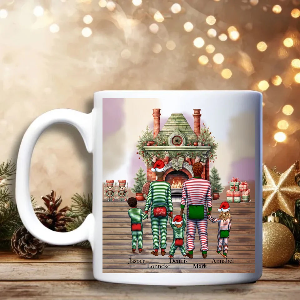 Kerst Mok – Gepersonaliseerde “Familie in pyjama” kerstbeker met aanpasbare personages - Kerstcadeau voor onder de boom