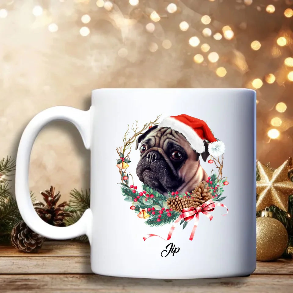 Hond Kerstkrans Mok – Gepersonaliseerde kerstmok met hondenras in kerstkrans & naam