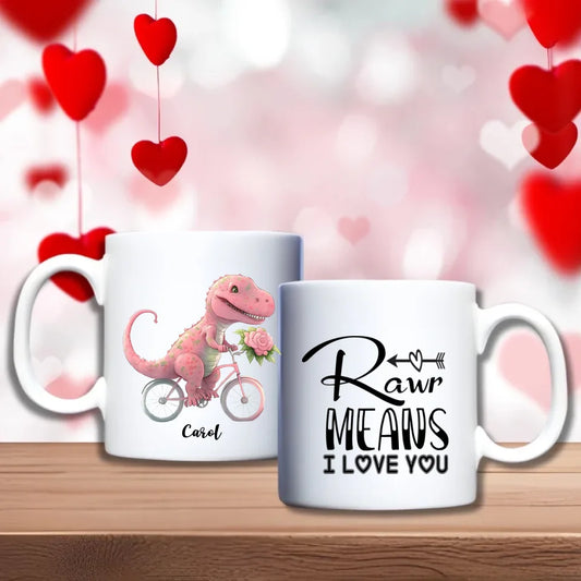T-rex in love beker met roze T-rex op een fiets en naam, naast beker met tekst Rawr means I love you, FlexMade