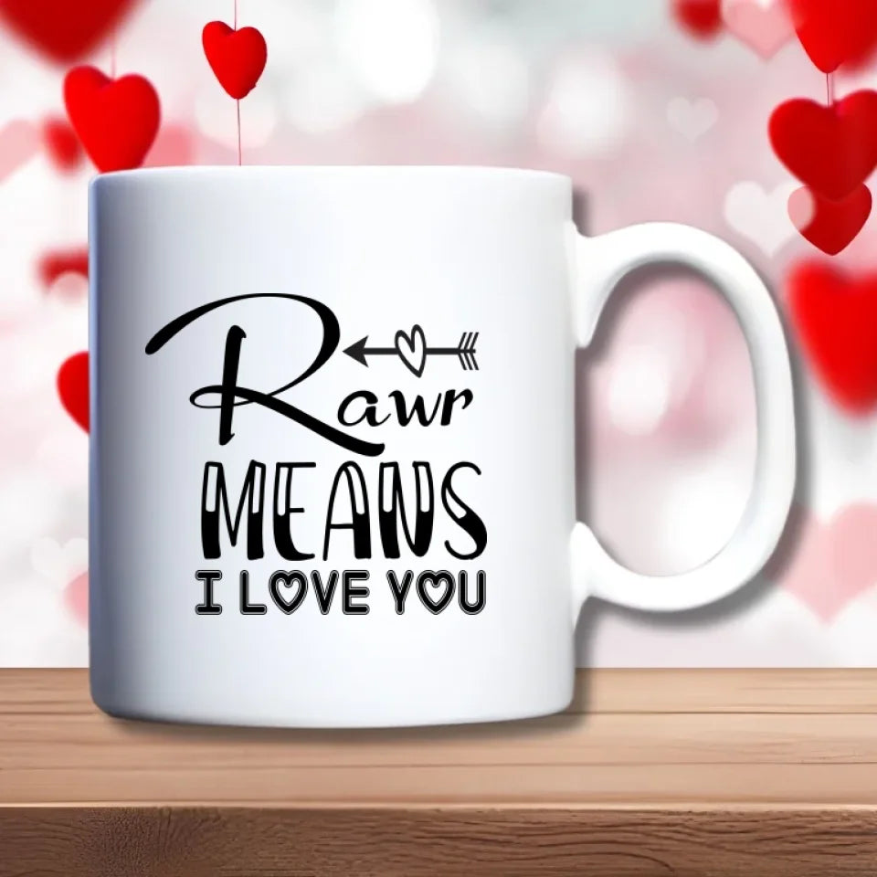 T-rex in love beker: achterkant met de tekst Rawr means I love you