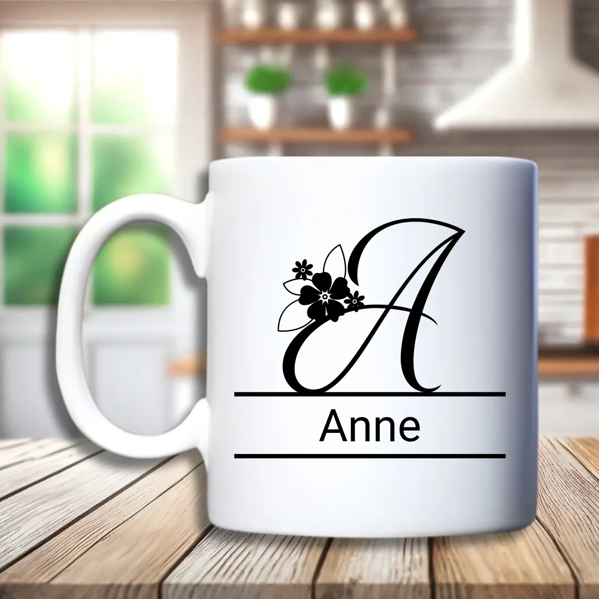 Letter met bloem – gepersonaliseerde beker met monogram en bloemdesign | Debekershop.nl