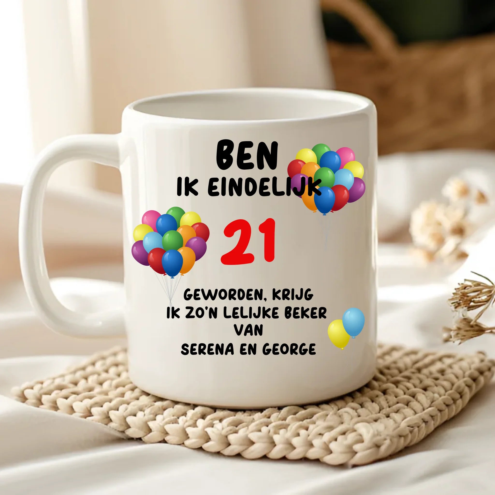 Set: Ben ik eindelijk [leeftijd] - Beker + lepel + thee - Cadeau pakket verjaardagscadeau