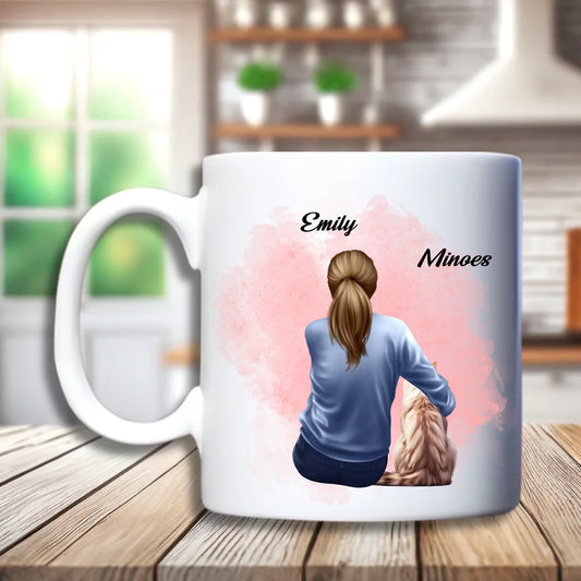 Gepersonaliseerde beker meisje met kat – uniek cadeau voor kattenliefhebbers, personaliseerbaar met naam, kat, haarstijl en kleding

