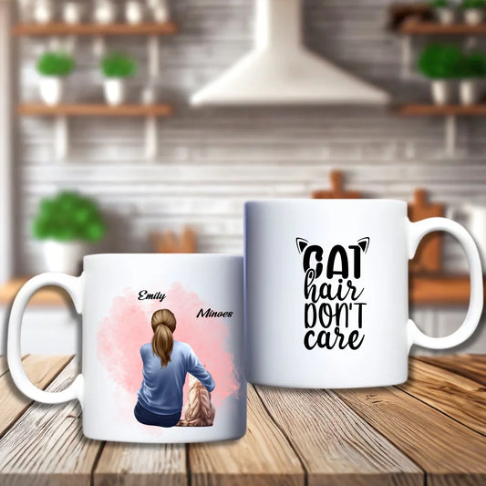Gepersonaliseerde beker meisje met kat – uniek cadeau voor kattenliefhebbers, personaliseerbaar met naam, kat, haarstijl en kleding
