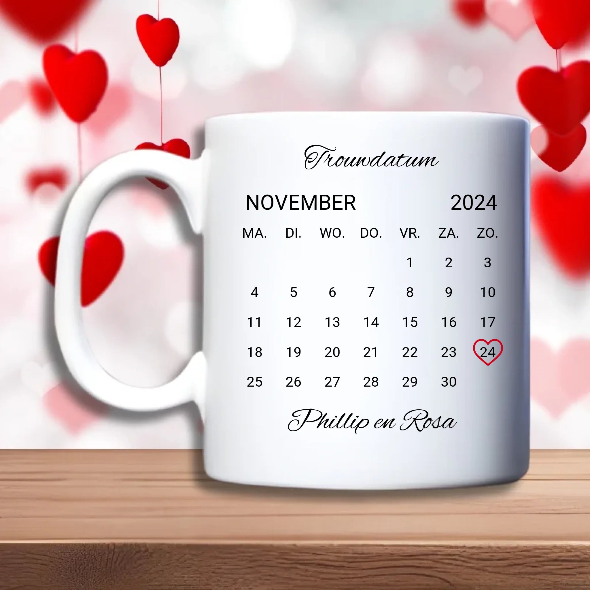 Kalender Beker – kalender‑design, gepersonaliseerd  met naam en datum, persoonlijk cadeau