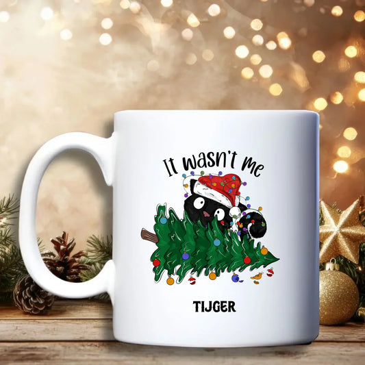 Zwarte Kat in Boom Beker – grappig kerstcadeau personaliseerbaar voor kattenliefhebbers - Debekershop.nl