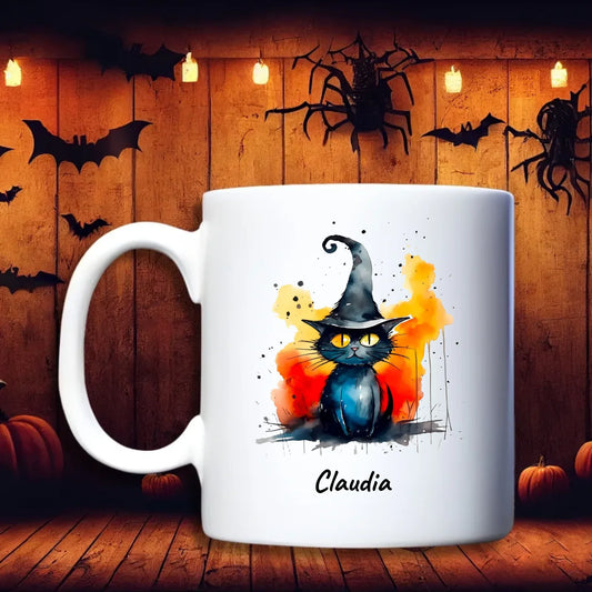Katje Halloween – gepersonaliseerde beker, debekershop.nl, zwarte kat met heksenmuts