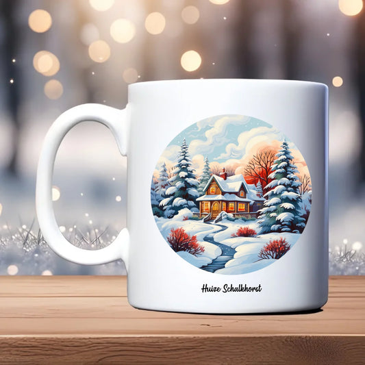 Wintertafereel op mok - Huisjes in winterstijl - Gepersonaliseerd met naam - Debekershop.nl