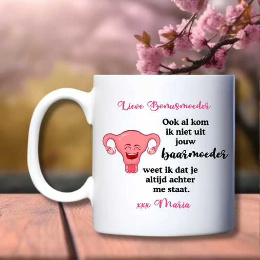 Lieve bonusmoeder, grappige gepersonaliseerde mok - ook al kom ik niet uit jouw baarmoeder - liefde - Debekershop.nl - moederdag cadeau
