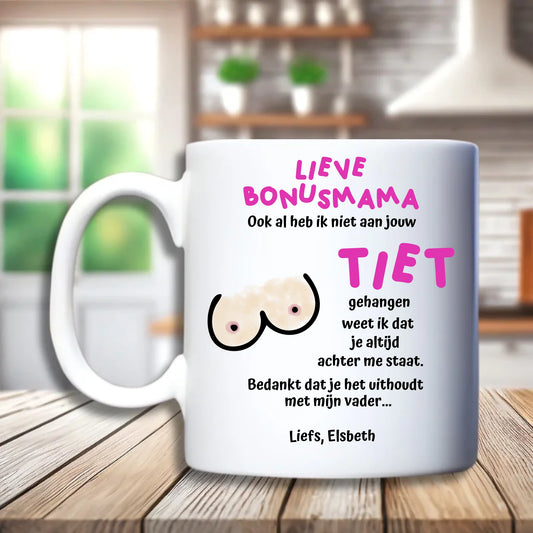 Bonusmama beker - Gepersonaliseerde mok vol humor met naam- Debekershop.nl