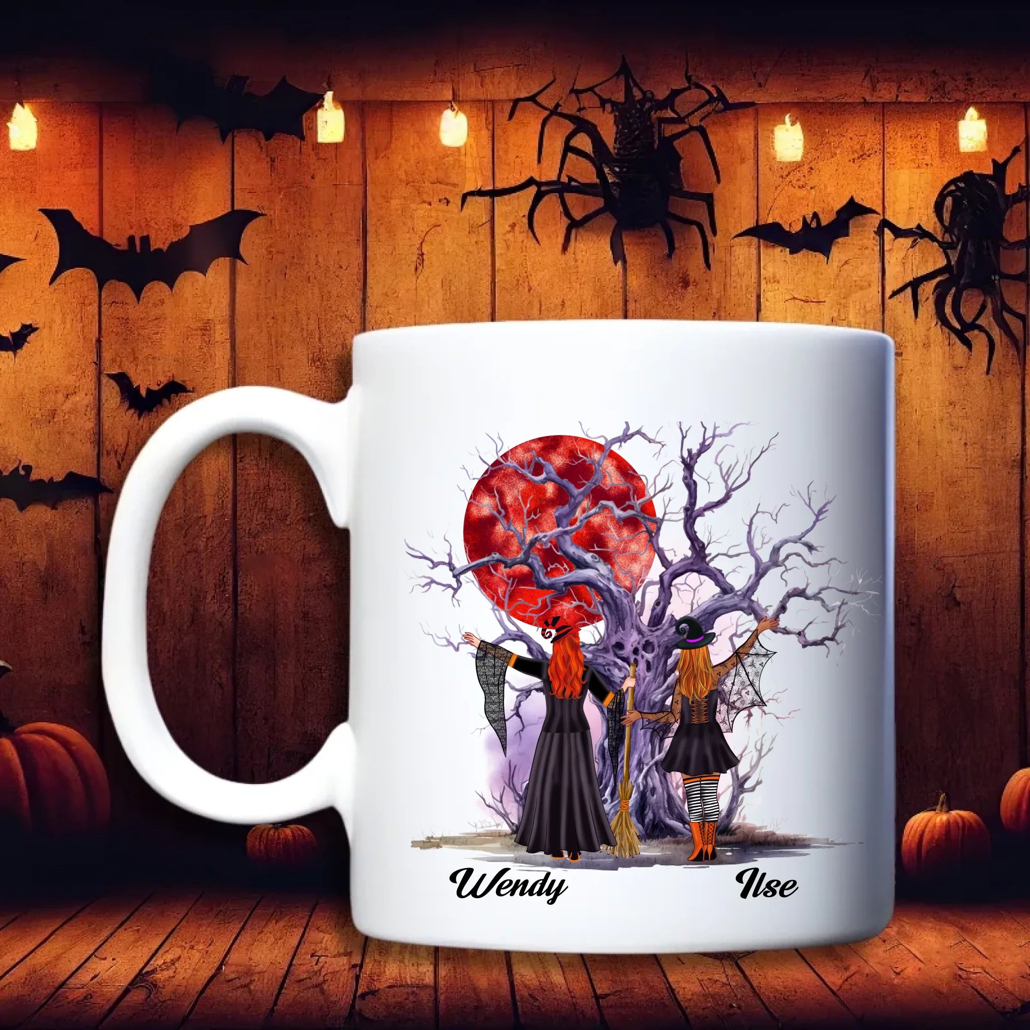 Heksen vriendinnen bij boom – Beker – persoonlijk halloween cadeau voor vriendinnen – debekershop.nl