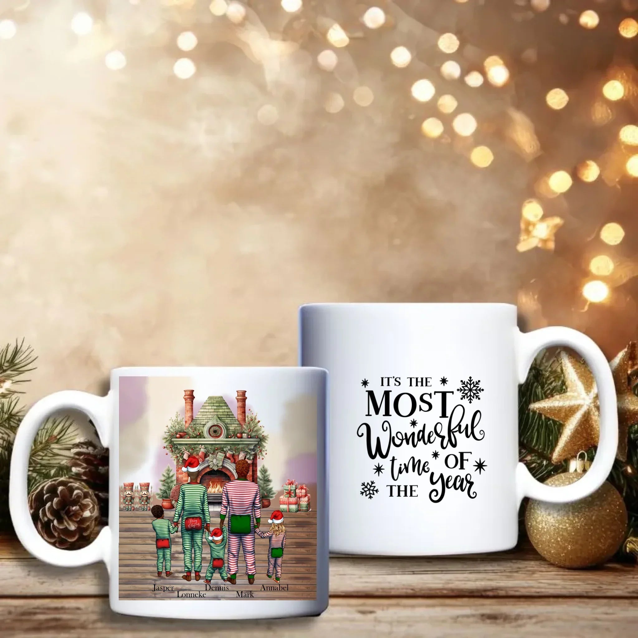 Kerst Mok – Gepersonaliseerde “Familie in pyjama” kerstbeker met aanpasbare personages - Kerstcadeau voor onder de boom