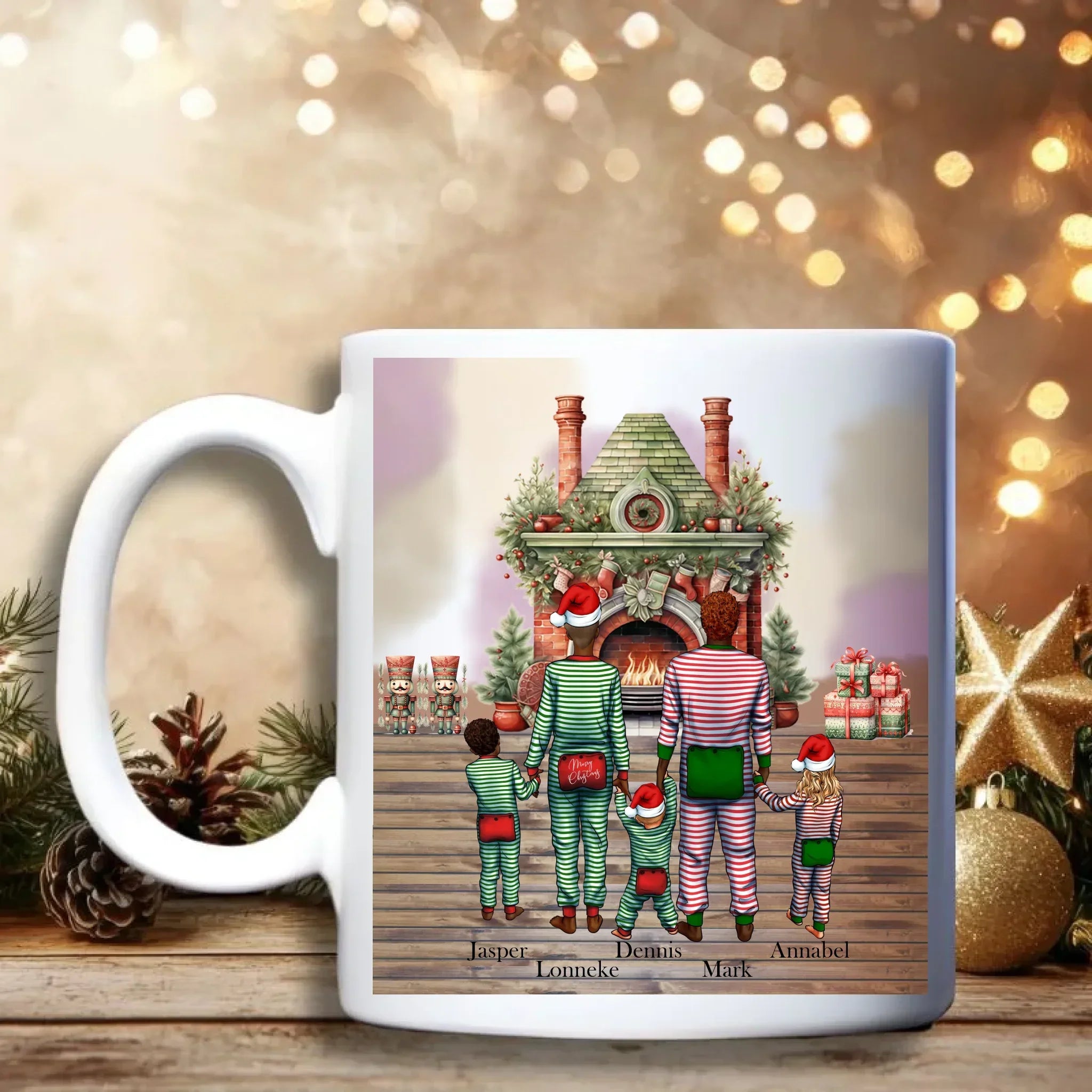 Kerst Mok – Gepersonaliseerde “Familie in pyjama” kerstbeker met aanpasbare personages - Kerstcadeau voor onder de boom