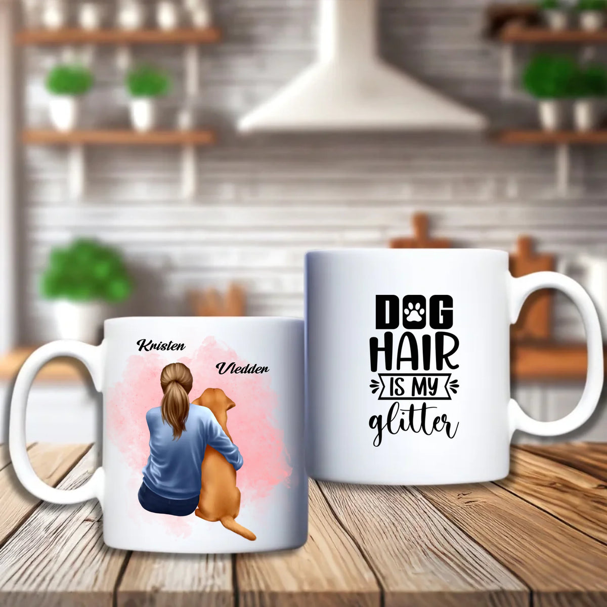 Meisje met hond beker met meisje die haar hond omarmt en twee namen, naast beker met Dog hair is my glitter, FlexMade