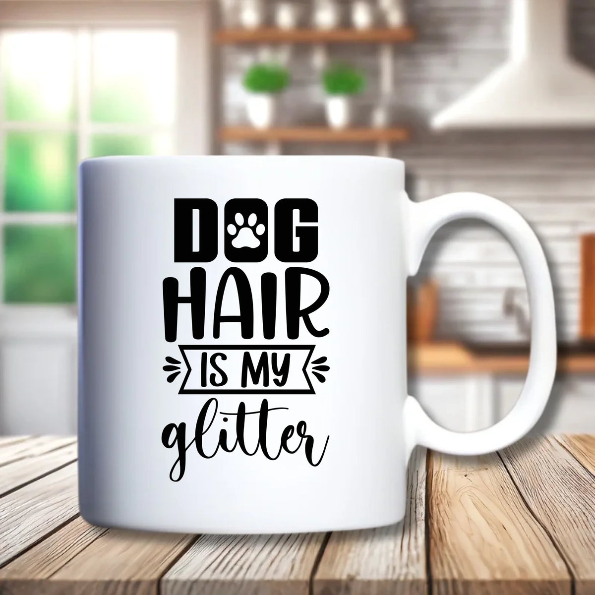 Meisje met hond beker: achterkant met de tekst Dog hair is my glitter en een pootafdruk