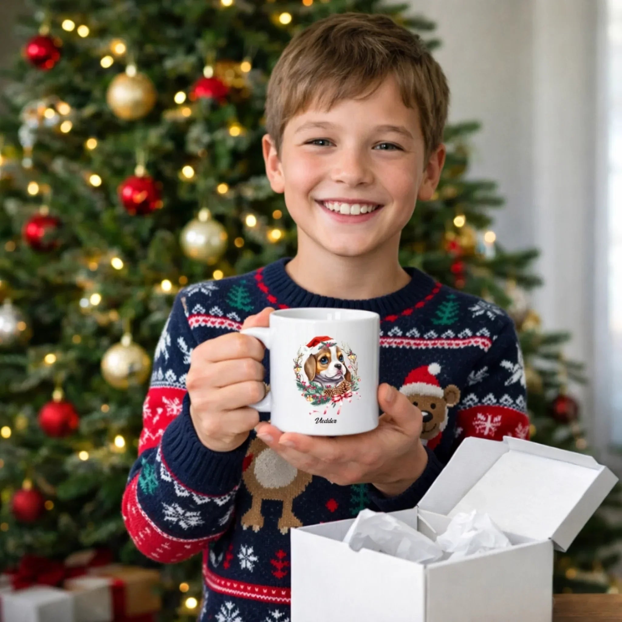 Kerstbeker debekershop.nl Hond in kerstkrans