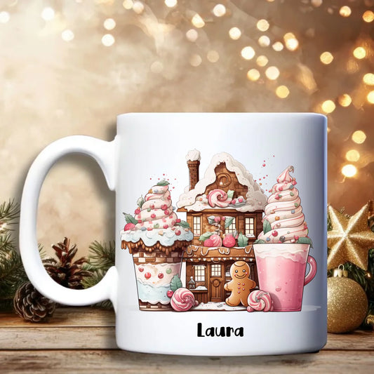 Gingerbread Kerst Mok – Gepersonaliseerde kerstmok met naam en peperkoekenhuis illustratie