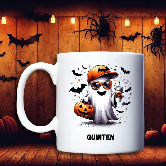Schattig spookje – gepersonaliseerde Halloween beker met vrolijk spookje design | Debekershop.nl