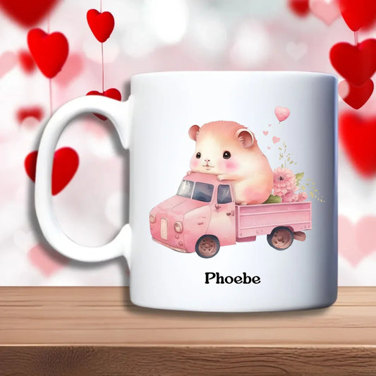 Hamster in love beker met hamster in een roze pick-uptruck met hartjes, met naam, FlexMade