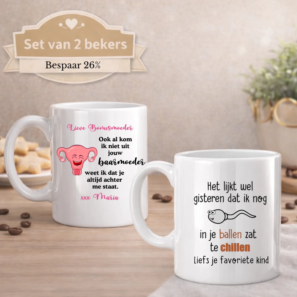 Set van 2 bekers Bonusmoeder en Vader: beker Lieve bonusmoeder en beker Het lijkt wel gisteren, grappige teksten, FlexMade