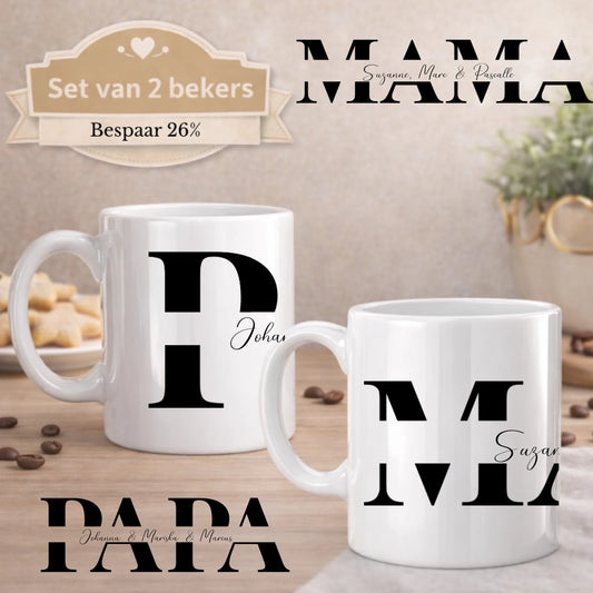 Set Mama en Papa met namen erin 2 bekers: beker PAPA en beker MAMA in grote letters met namen erdoorheen, FlexMade