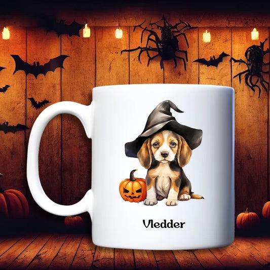 Puppy Halloween – gepersonaliseerde beker, debekershop.nl, schattige hond met heksenhoed