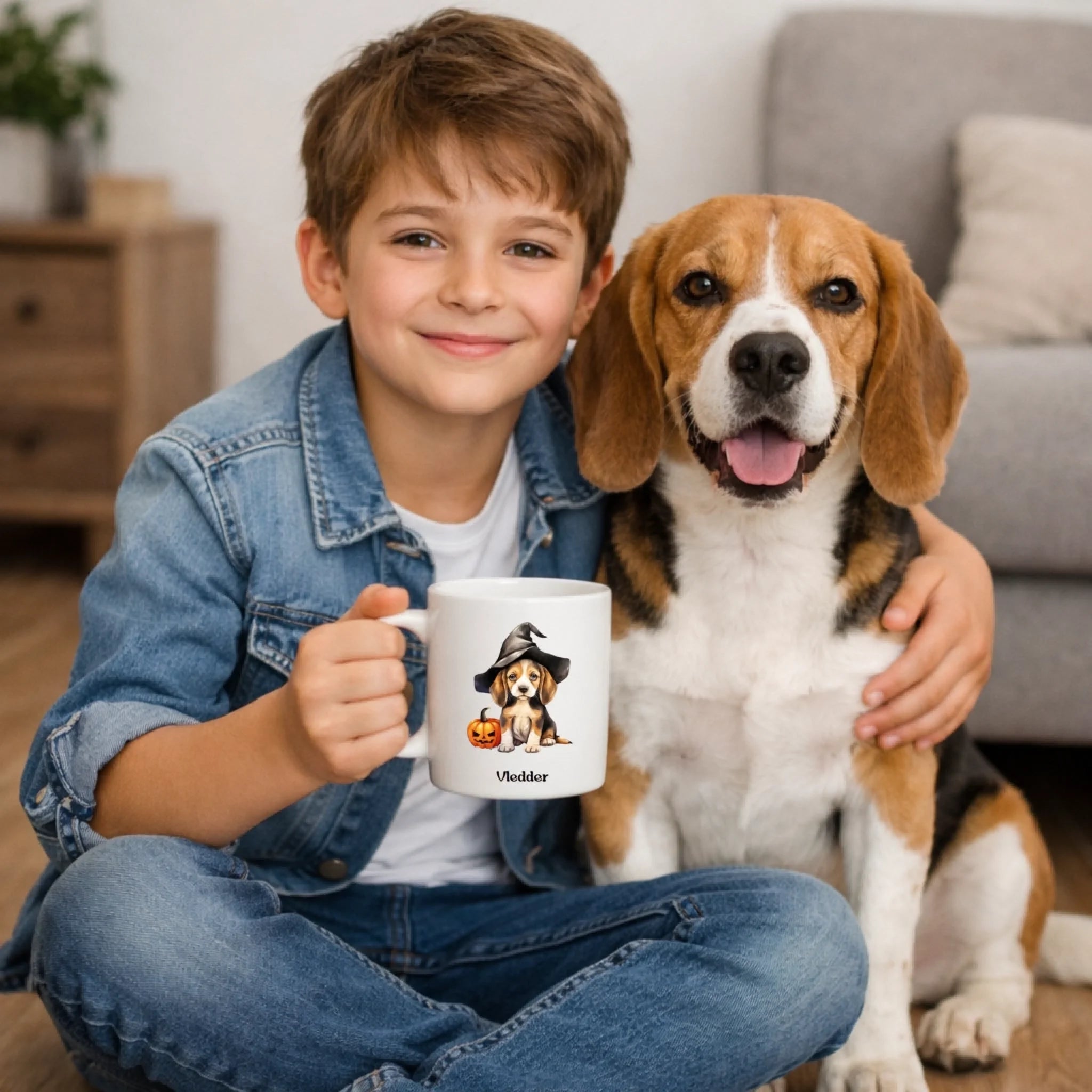 Puppy Halloween – gepersonaliseerde beker, debekershop.nl, schattige hond met heksenhoed