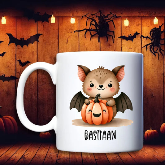 Bosdieren met Halloween pompoen – gepersonaliseerde beker, debekershop.nl, schattige bosdieren met pompoenen