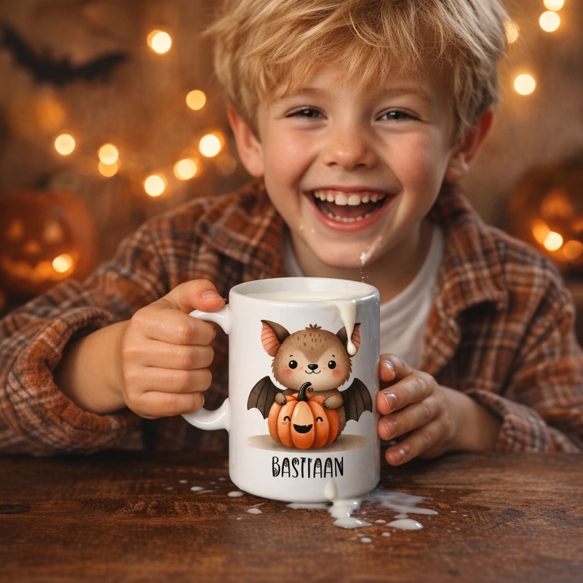 Bosdieren met Halloween pompoen – gepersonaliseerde beker, debekershop.nl, schattige bosdieren met pompoenen