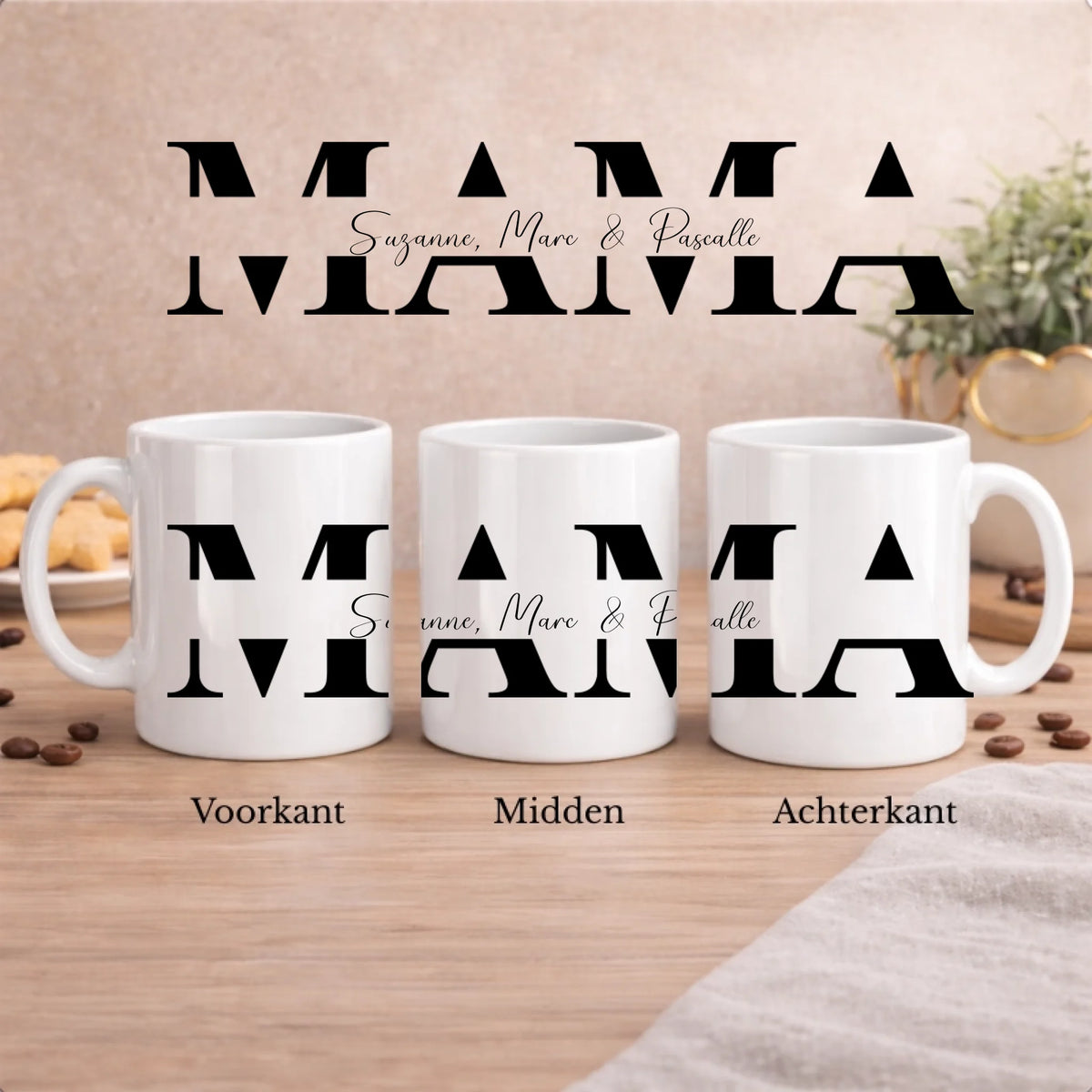 Set Mama en Papa met namen erin: de beker MAMA van voren, midden en achteren, met de namen in sierschrift door de letters