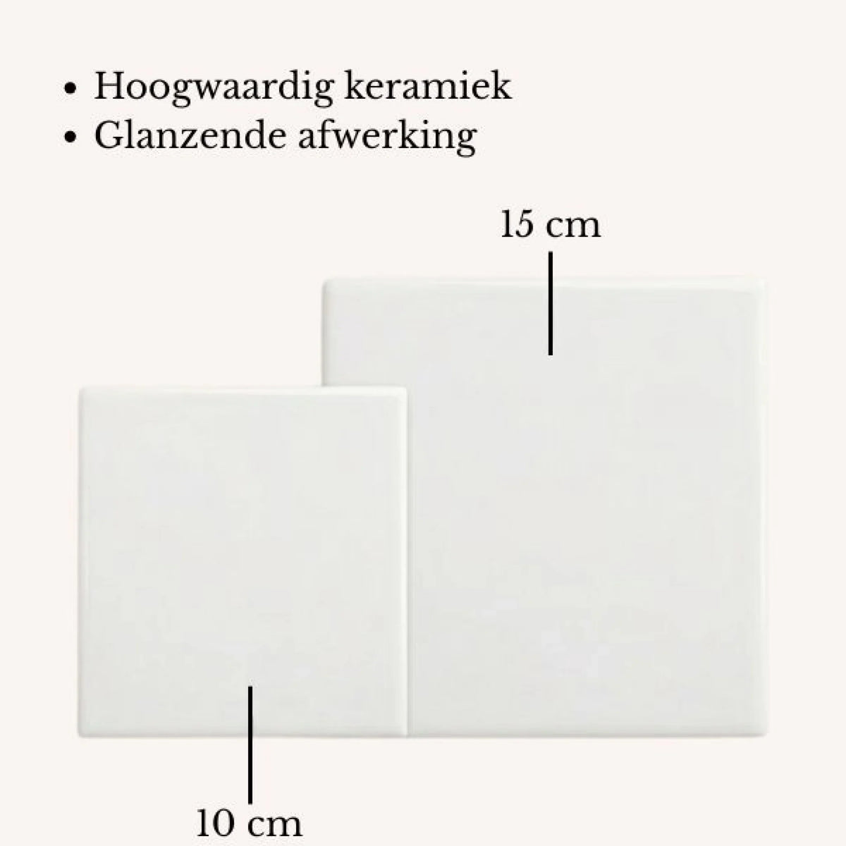 Year ago tegel in twee formaten, 15 bij 15 cm en 10 bij 10 cm, hoogwaardig keramiek met glanzende afwerking
