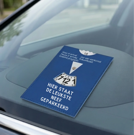 Leukste Neef / Liefste Nicht parkeerschijf op het dashboard met de tekst Hier staat de leukste neef geparkeerd, FlexMade