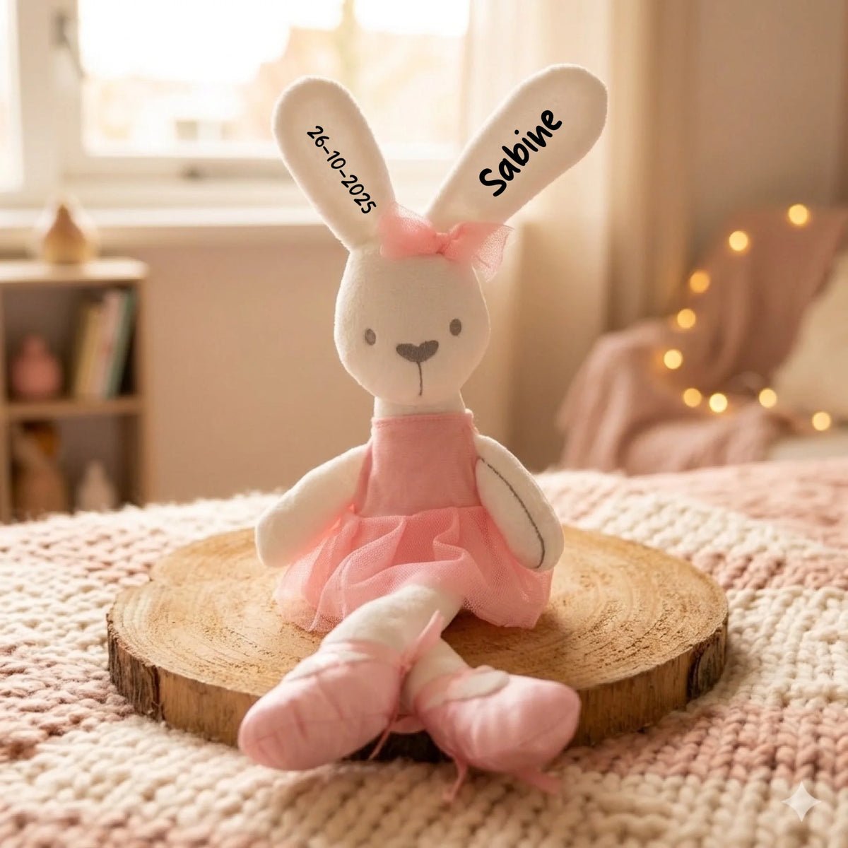 Gepersonaliseerd ballerina konijn van 45 cm met naam en geboortedatum op de oren. Een zachte knuffel met unieke asymmetrische oren, ideaal als kraamcadeau.