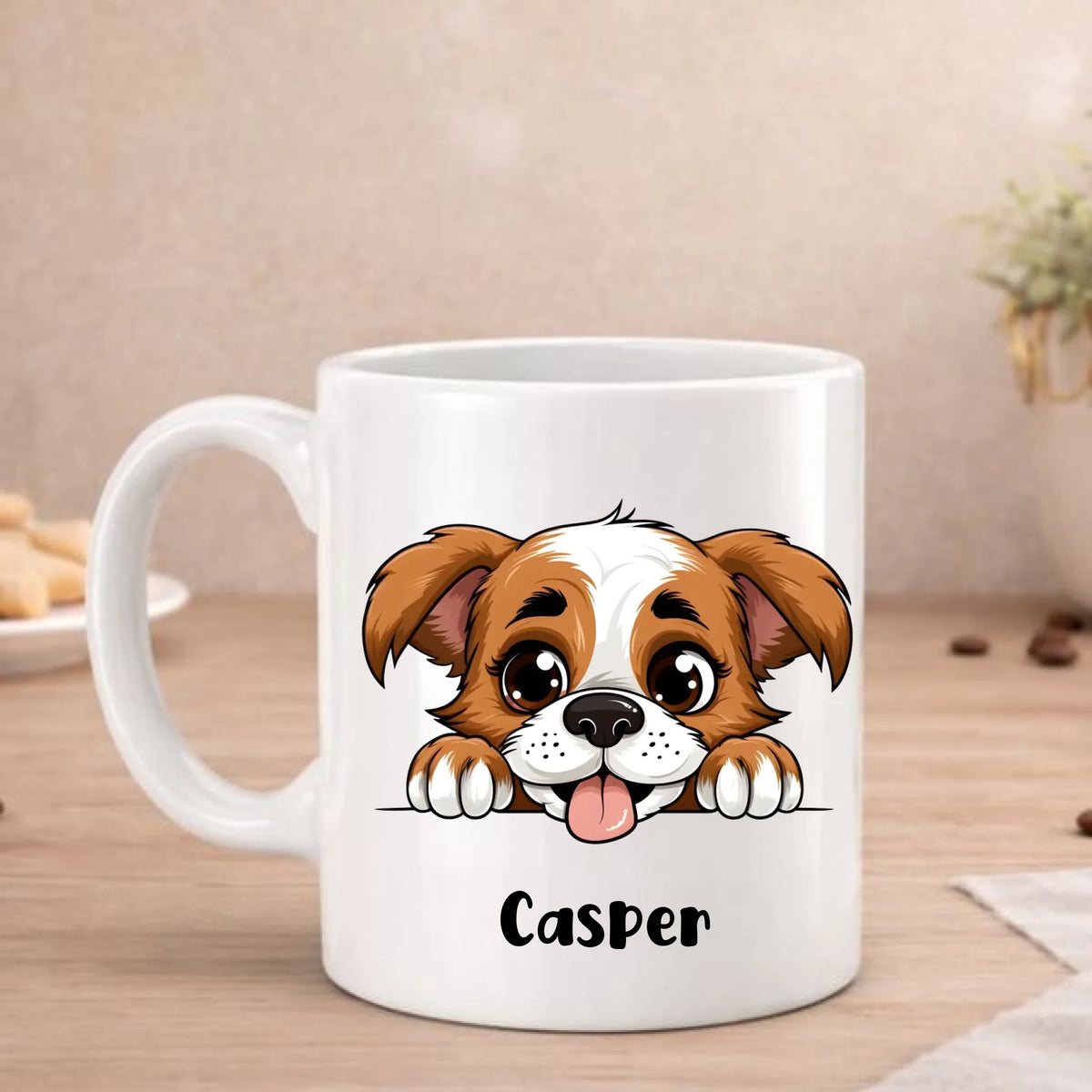 Schattige puppy cartoonstijl beker: close-up van de getekende bruin-witte puppy met de tong uit de mond en de naam eronder