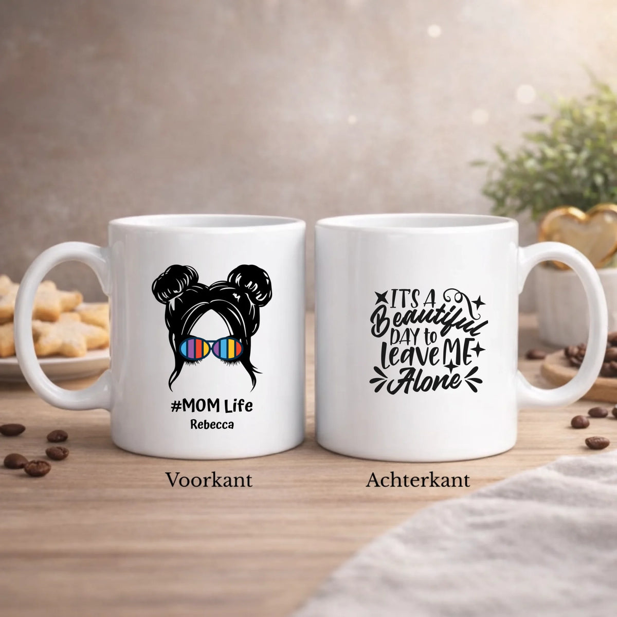 #MOM Life met quote beker met silhouet met knotjes en tekst #MOM Life, achterkant Beautiful day to leave me alone, FlexMade
