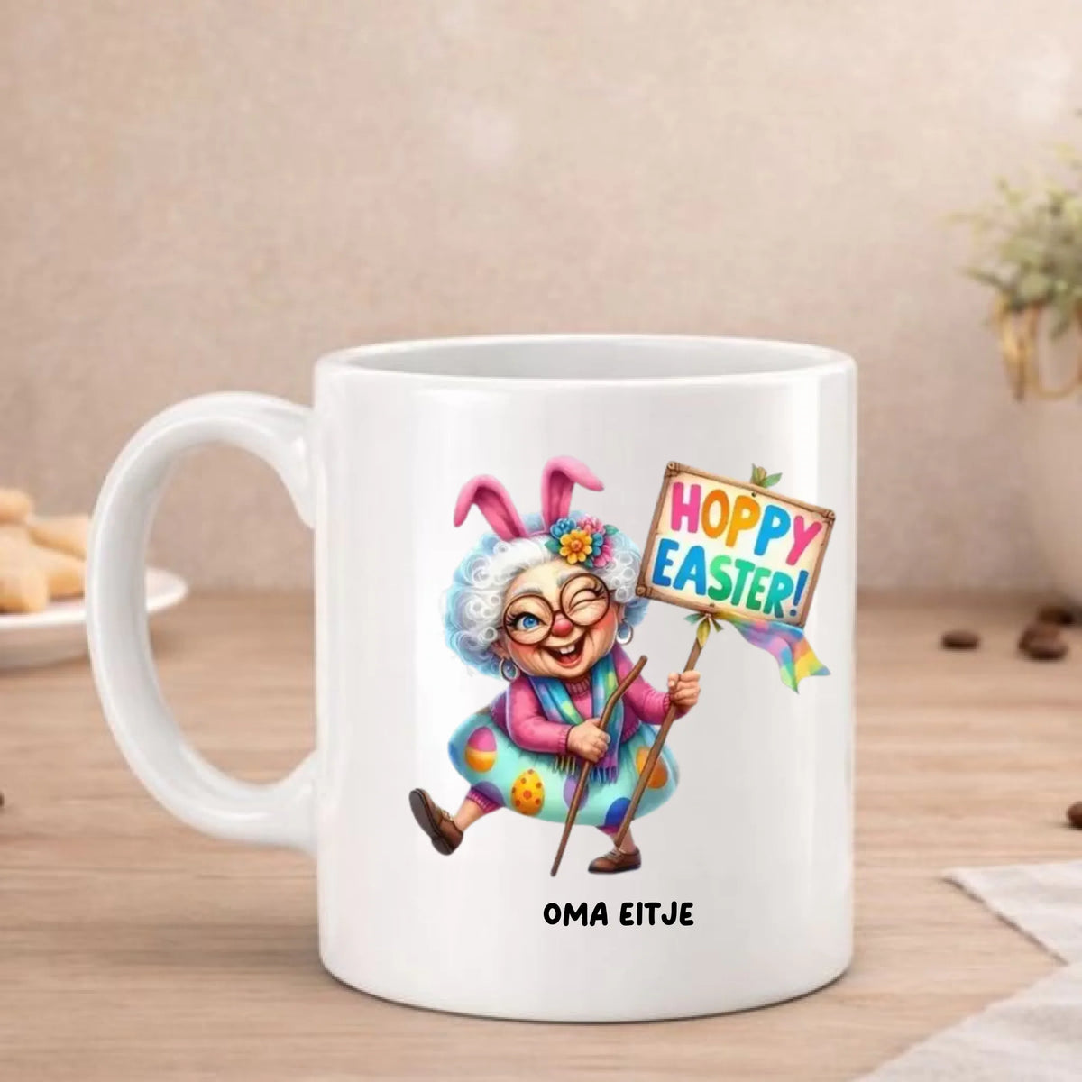 Crazy Grandma beker met vrolijke oma met konijnenoren en bord Hoppy Easter, met naam, FlexMade