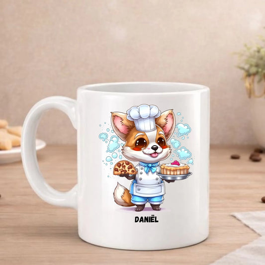 Corgi met beroepskleding beker met corgi als bakker met taart en koksmuts, met naam, FlexMade