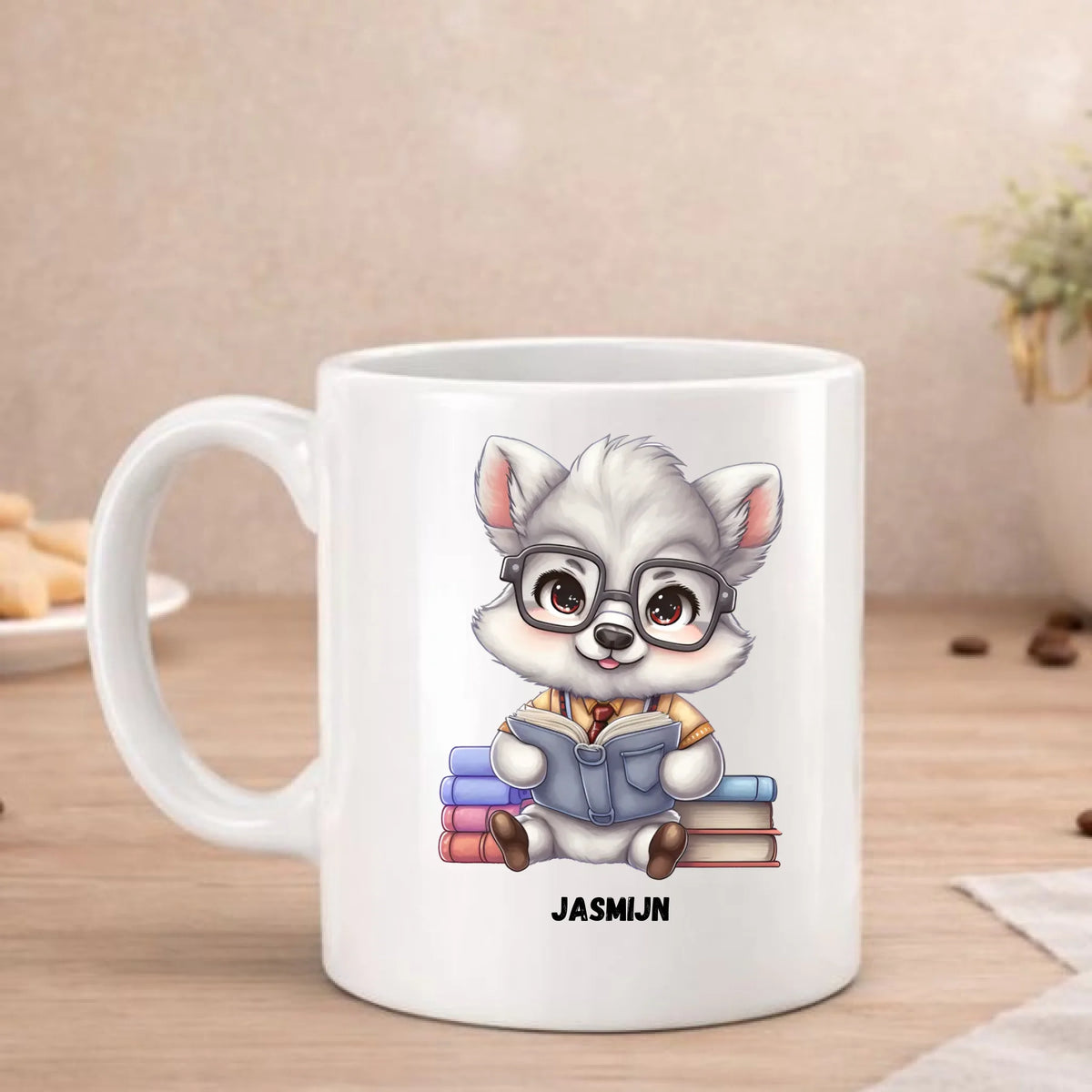 Husky met beroepskleding beker met getekende husky met bril en boeken, met naam, FlexMade