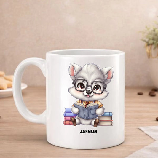 Husky met beroepskleding beker met getekende husky met bril en boeken, met naam, FlexMade