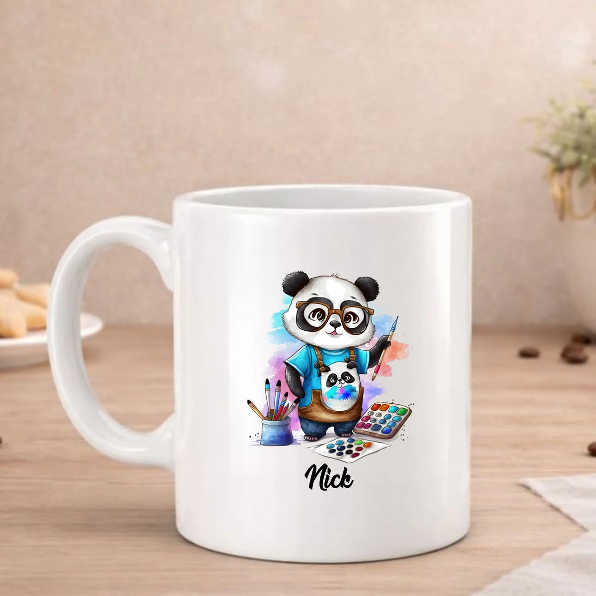 Panda met beroepskleding beker met panda als schilder met kwast en verfdoos, met naam, FlexMade