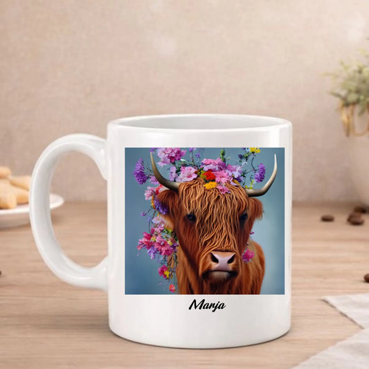 Hooglander koe met bloemenkrans beker met Schotse hooglander met kleurige bloemen, met naam, FlexMade