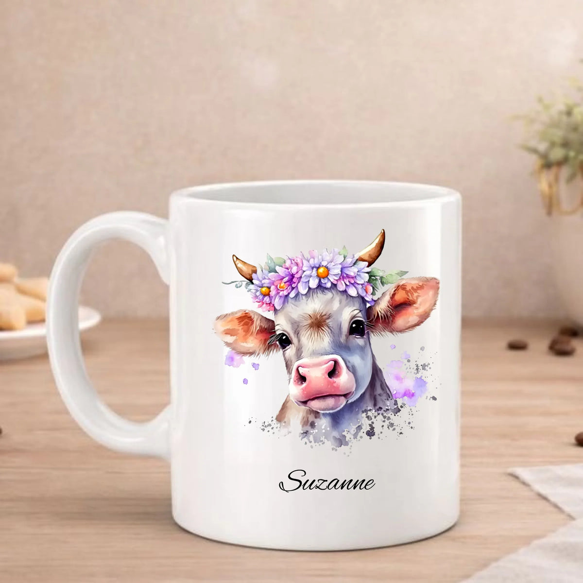 Koe in watercolor beker met koe met bloemenkrans in waterverf, met naam, FlexMade