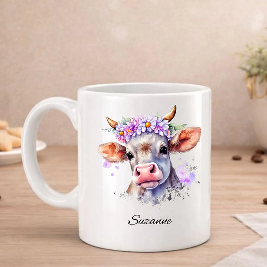 Koe in watercolor beker met koe met bloemenkrans in waterverf, met naam, FlexMade