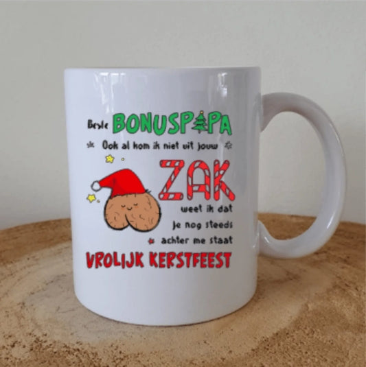 Beker met de tekst Beste Bonuspapa, ook al kom ik niet uit jouw zak, weet ik dat je nog steeds achter me staat, van FlexMade
