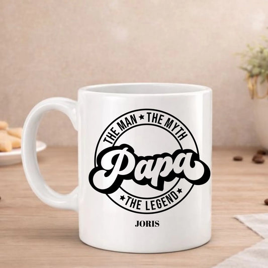 The Man, The Myth, The Legend beker met Papa in het midden en een naam eronder, hier Joris, handgemaakt door FlexMade
