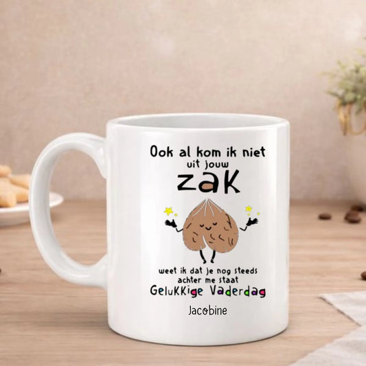 Ook al kom ik niet beker met tekst Ook al kom ik niet uit jouw zak, weet ik dat je achter me staat, walnoot en naam, FlexMade