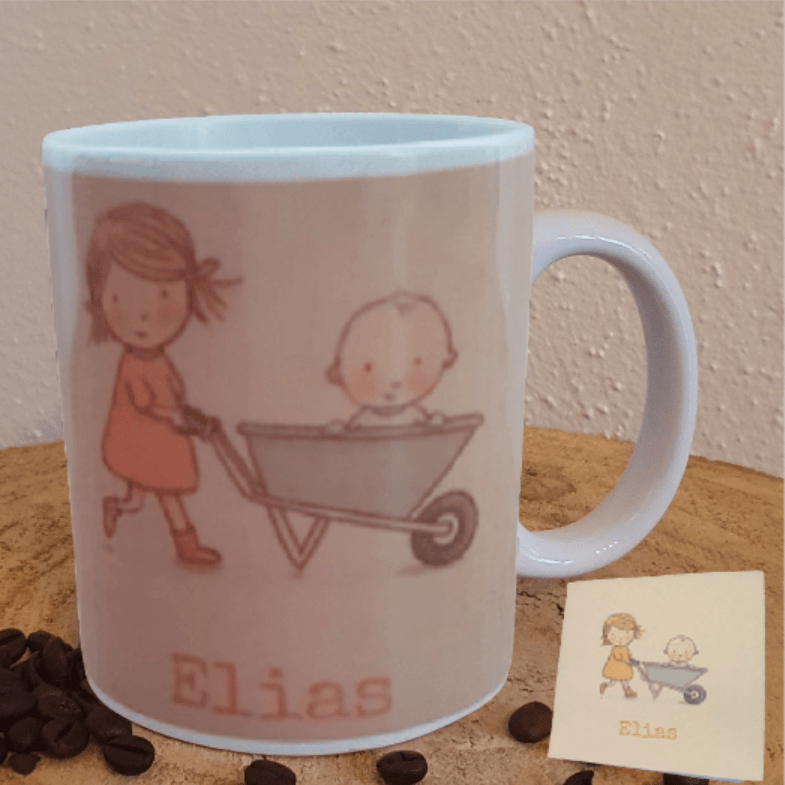 Beker Geboortekaartje met de illustratie van het geboortekaartje en de naam van de baby, met het kaartje ernaast, FlexMade